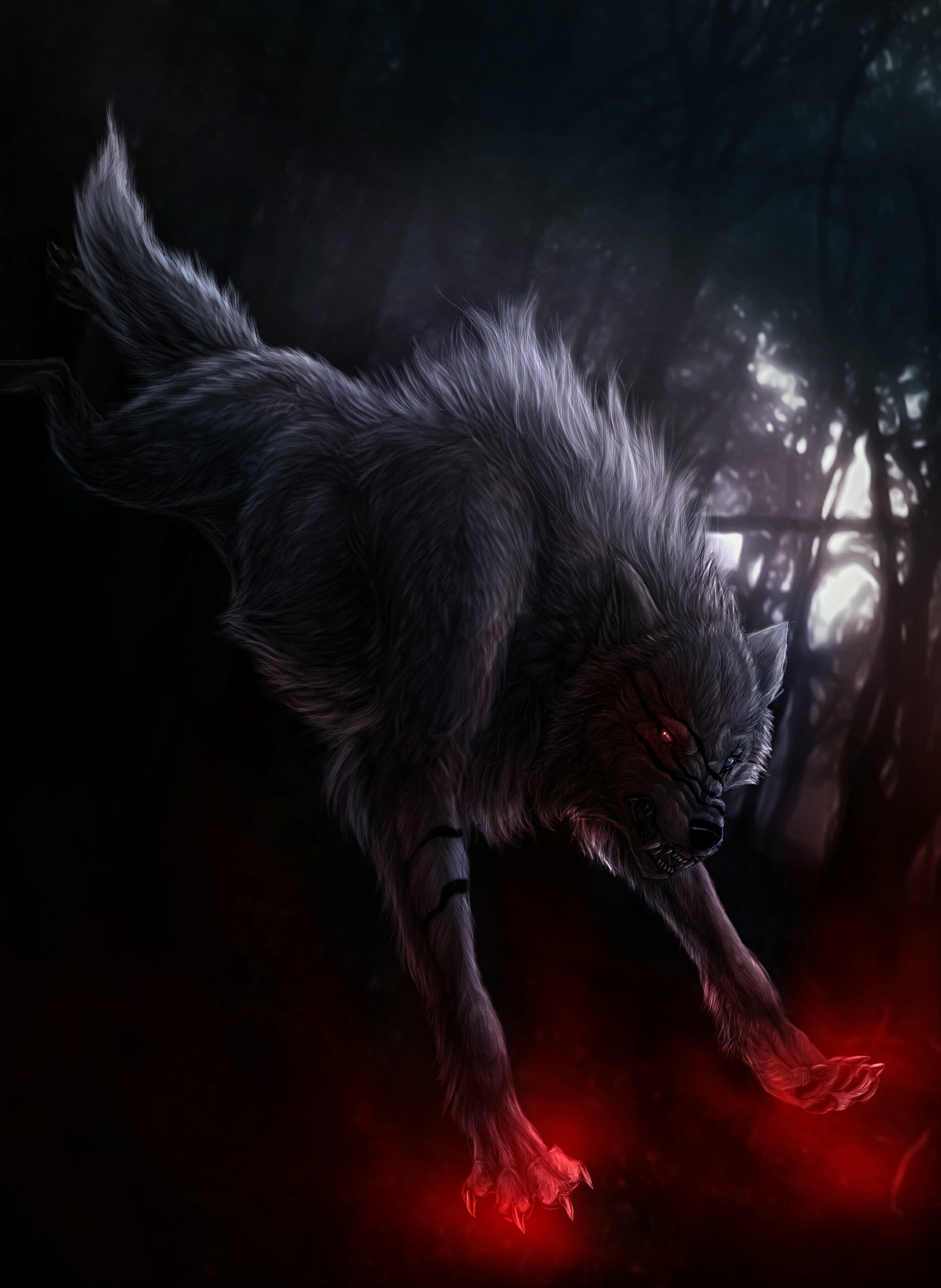 Волк оборотень с красными глазами